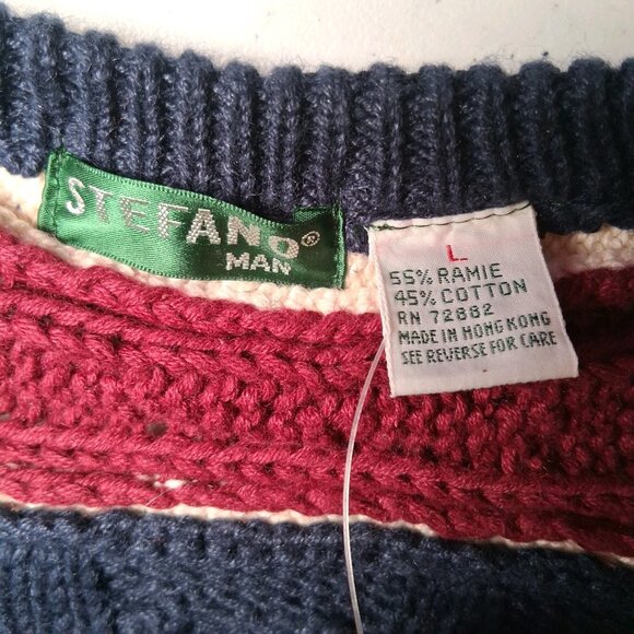 Vintage 90s Stefano Man Sweater L Blue Maroon Cable Knit V Neck Academia Preppy - Picture 13 of 14
